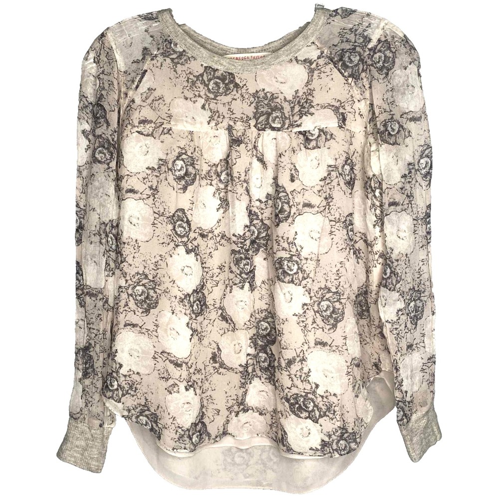 Rebecca Taylor pink gray Rose Blouse Size 0 gauzy 100% Silk Floral Long Sleeve‎